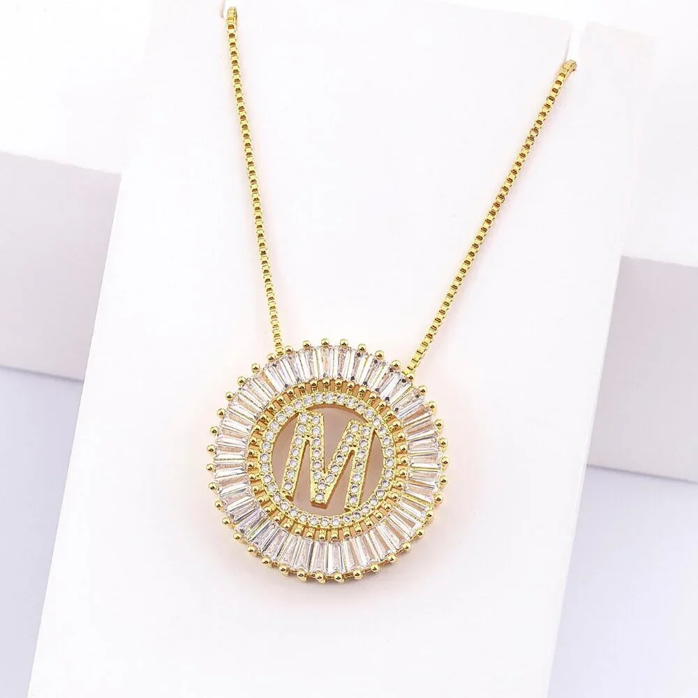 Yellow Gold Women's Large Letter Detail Cubic Zirconia Round Charm Necklace_9